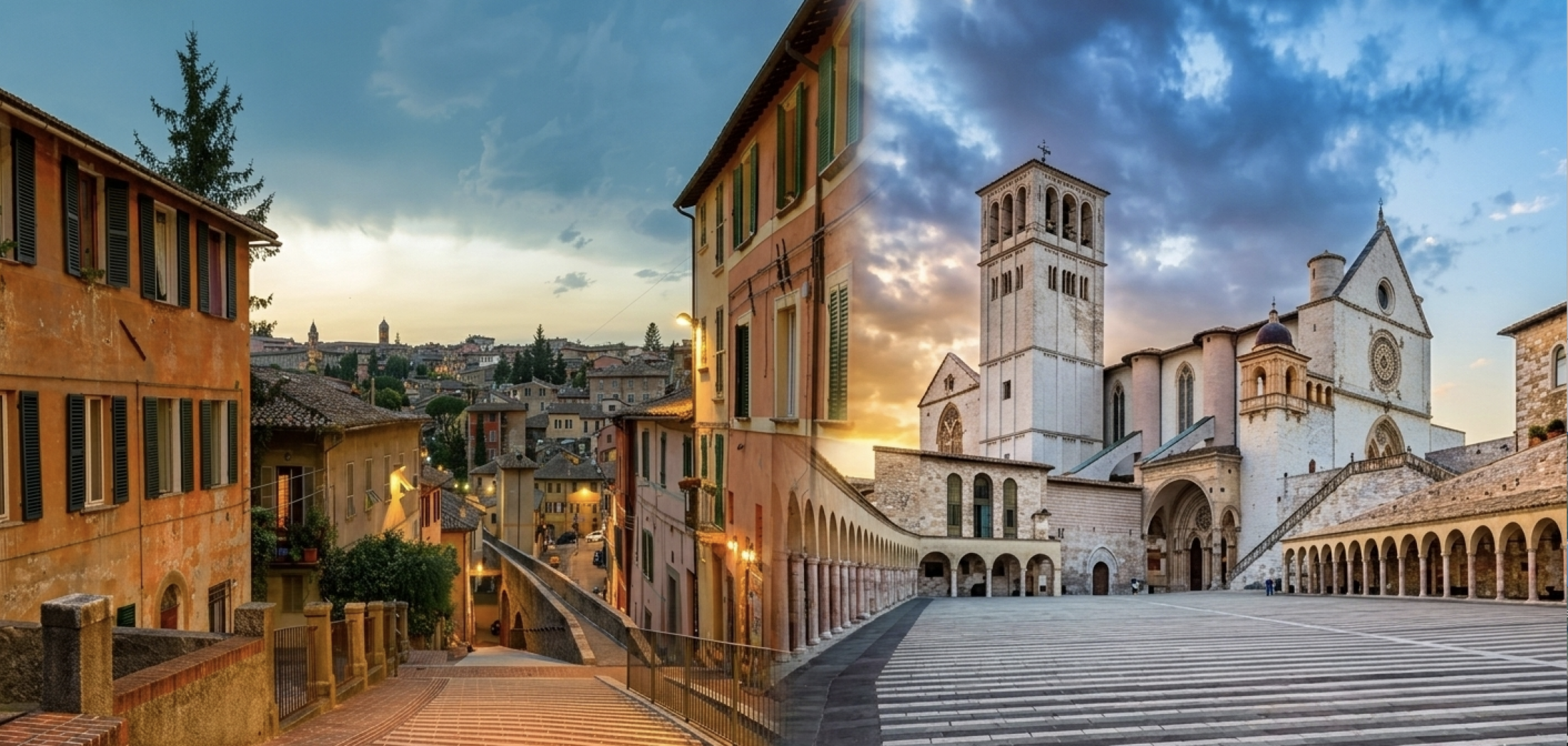 Perugia vs. Assisi: Why the Capital is the Best Base for Your Umbrian Adventure This comparison image captures the two sides of Umbria: the grand, lively city of Perugia (left) and the iconic spiritual site of Assisi (right). While Assisi is a must-see landmark, staying in Perugia offers a more dynamic and practical travel experience.
